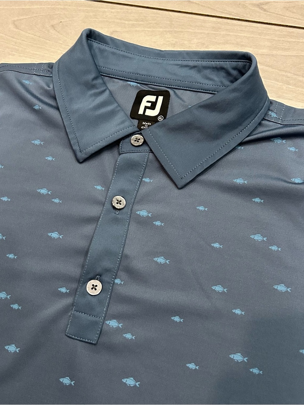 FootJoy FJ Golf Polo Shirt Mens XL Blue Fish Print Pattern Performance Stretch